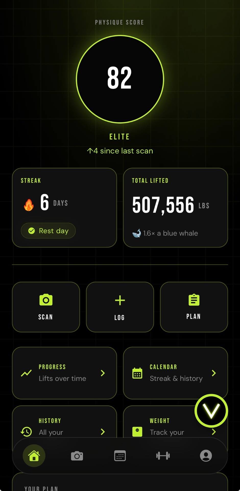 VTapr home dashboard with physique score